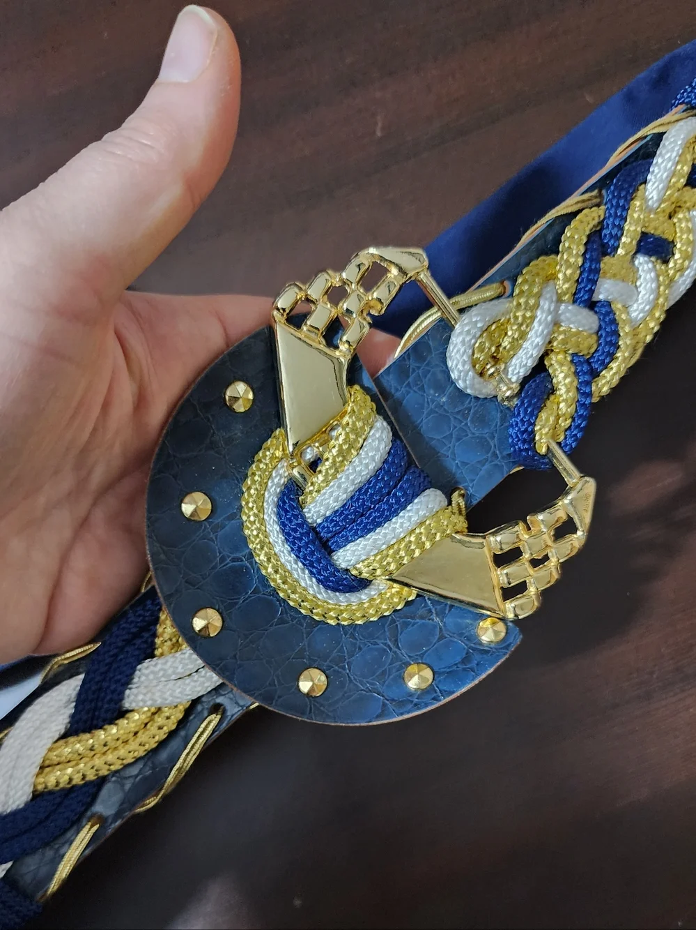 Vintage 80s Statement Belt Rope Leather Mix Gold Hardware Nautical Style